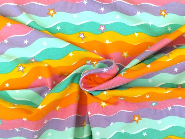 Reststück Baumwolljersey Regenbogen Wellen Sterne Pastell 80 x 150